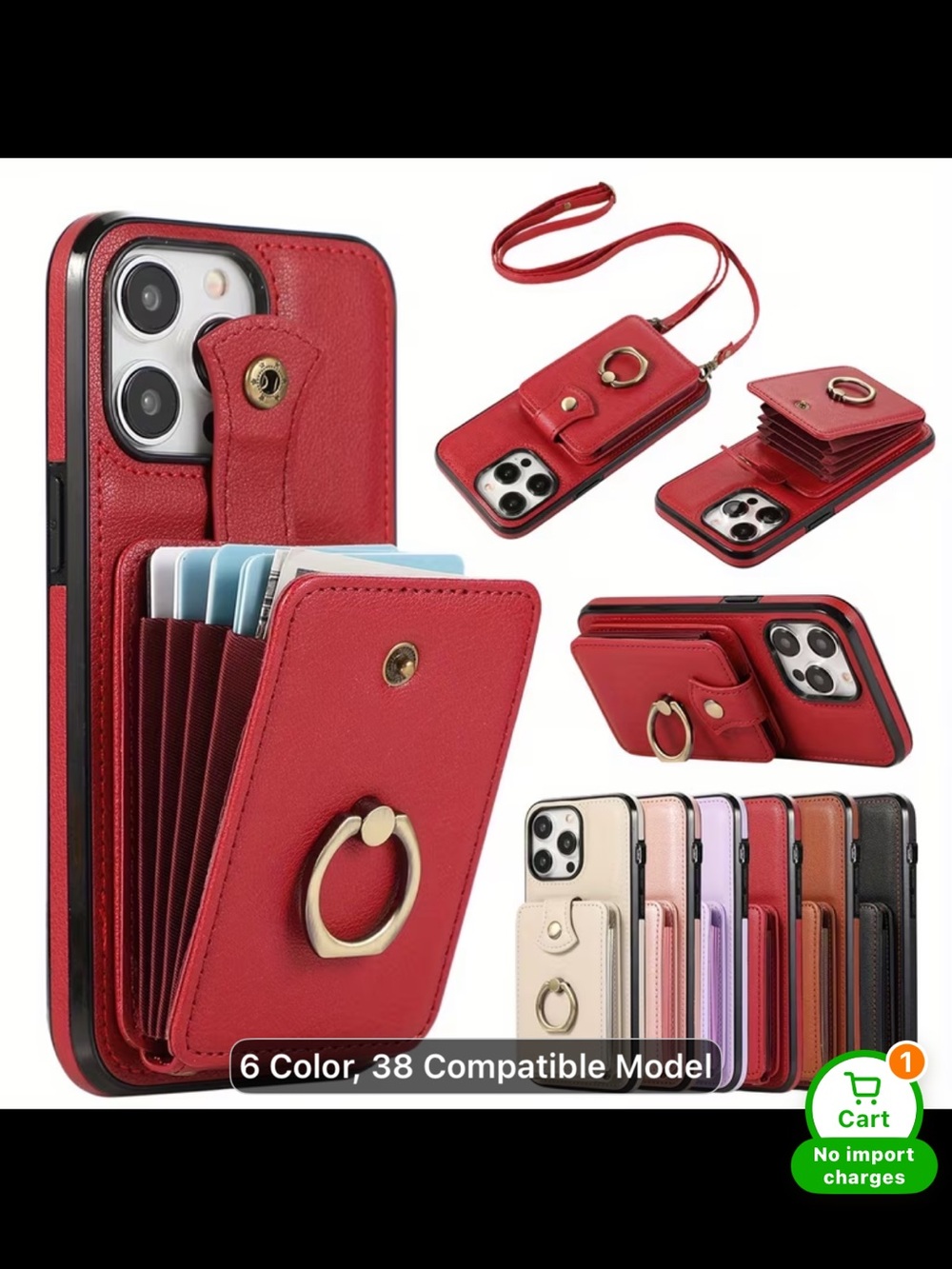 Red Wallet Ring Phone Case with Card Slots and Strap